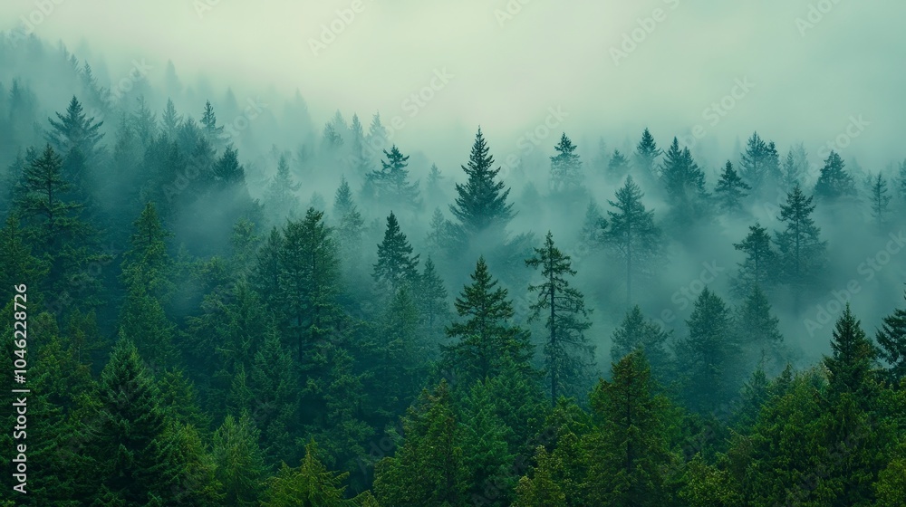Fototapeta premium Misty green pine forest shrouded in dense white fog on a cool moody morning.