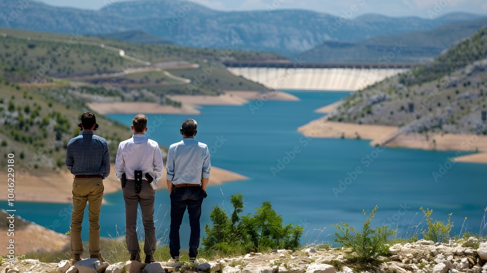 Three men stand on a hillside, looking out at a large body of water and dam in the distance. Three men stand on a hillside, looking out at a large body of water and dam in the distance.