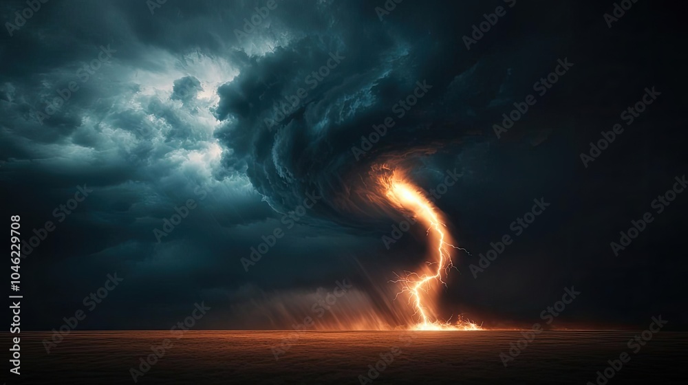 Fototapeta premium Dramatic tornado swirling above a dark landscape under stormy clouds.