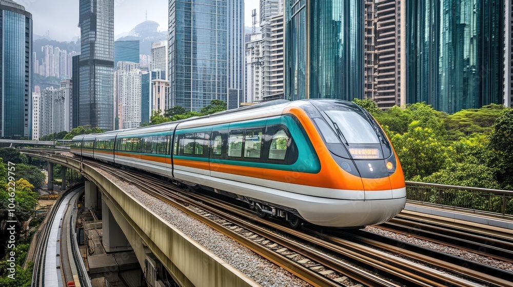 Naklejka premium Modern Train in Urban Cityscape with Skyscrapers