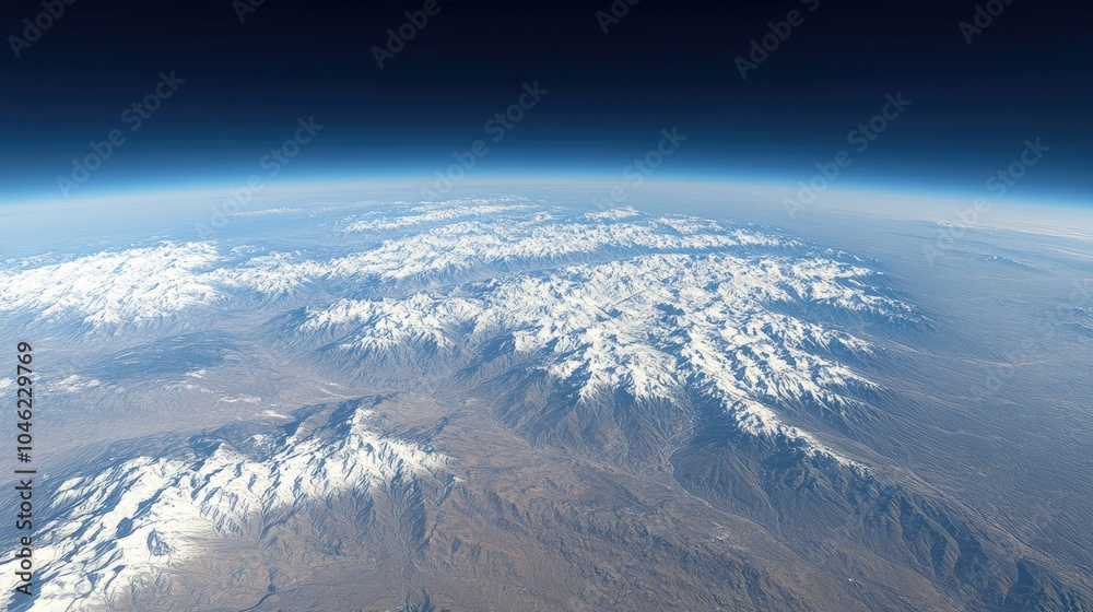 Fototapeta premium Aerial View of Snow-Capped Mountains and Earth Atmosphere