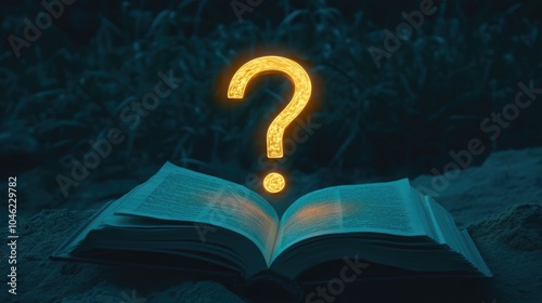 Mystical Book with Floating Question Mark Symbol photo