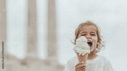 A joyful child enjoying a large ice cream cone outdoors on a sunny day near historic columns