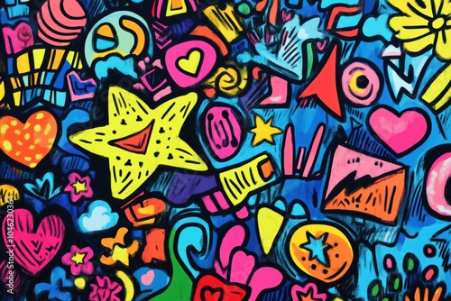 This vibrant doodle displays a cheerful mix of colorful stars, hearts, arrows, and flowers arranged creatively against a vivid backdrop. Generative AI