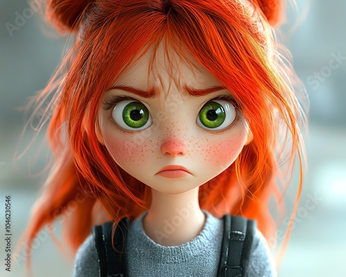 Cute young schoolgirl with bright red hair and a backpack, pouting with concern, her large green eyes expressing her feelings of worry