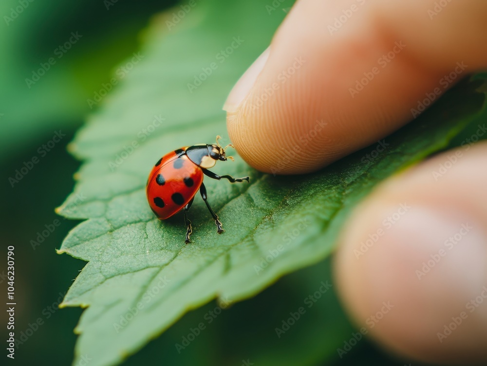 A close-up of a finger gently touching a ladybug on a green leaf.