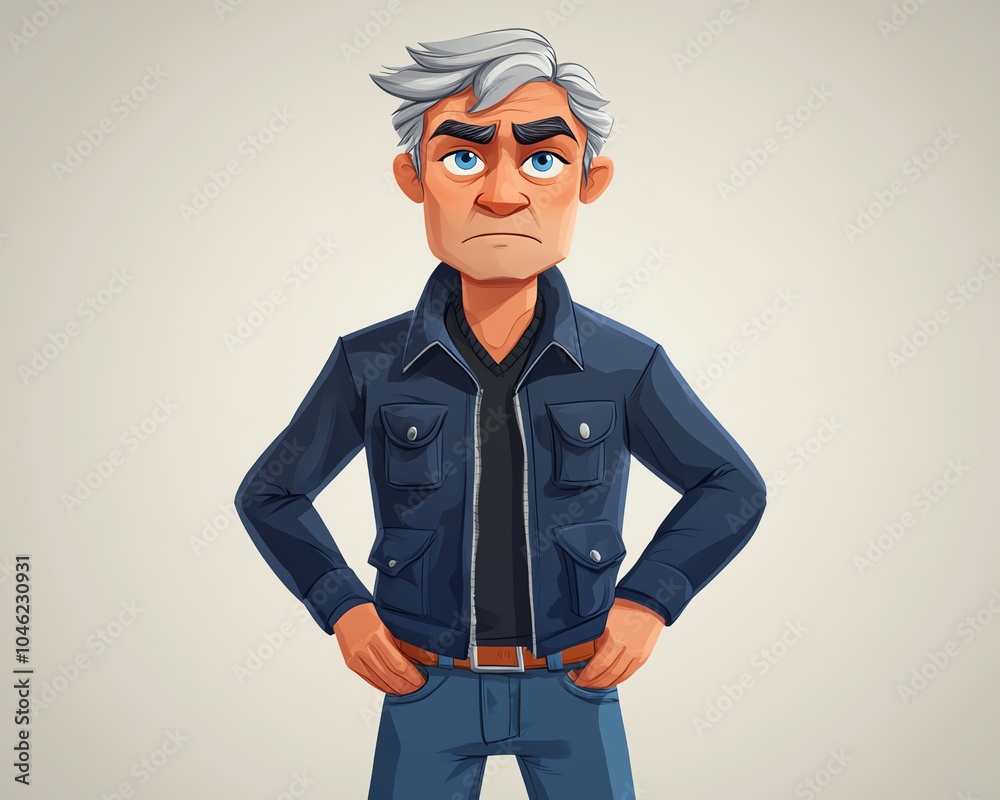 Grumpy cartoon man with grey hair and blue eyes, wearing a blue jacket and jeans, standing with hands on hips against a plain background Grumpy cartoon man with grey hair and blue eyes, wearing a blue jacket and jeans, standing with hands on hips against a plain background