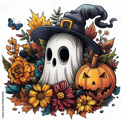 halloween ghost wearing witch hat with pumpkin clip art preview