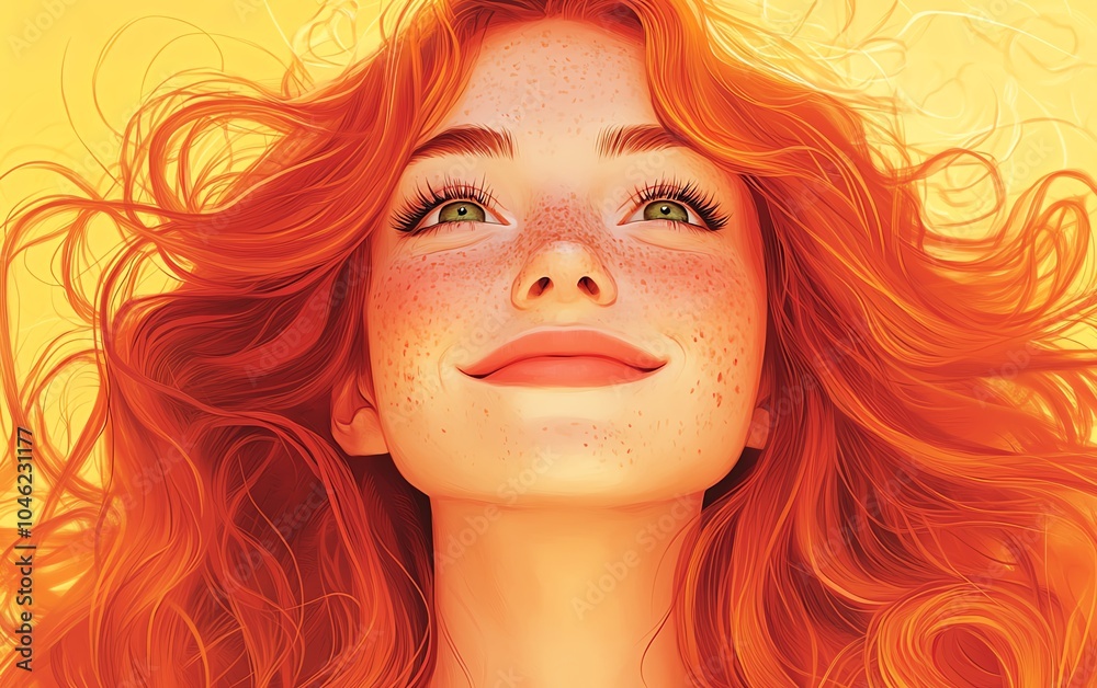 Joyous illustration of a young woman with red hair and freckled cheeks, capturing her happy spirit in a delightful cartoon design Joyous illustration of a young woman with red hair and freckled cheeks, capturing her happy spirit in a delightful cartoon design