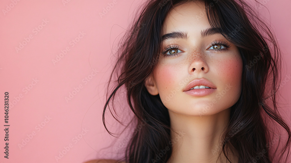 A serene young woman with flowing dark hair in soft pastel tones, ideal for promoting self-care, wellness retreats, or beauty products, perfect for International Women's Day. A serene young woman with flowing dark hair in soft pastel tones, ideal for promoting self-care, wellness retreats, or beauty products, perfect for International Women's Day.