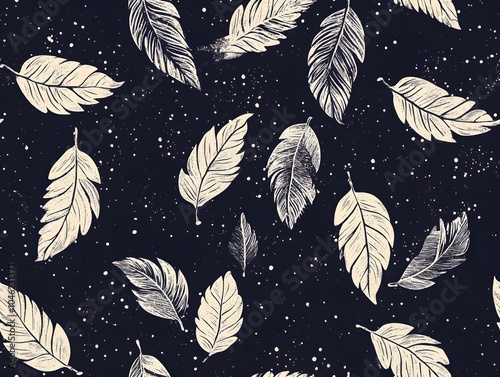 Seamless pattern of white leaves on a navy blue background with white dots.