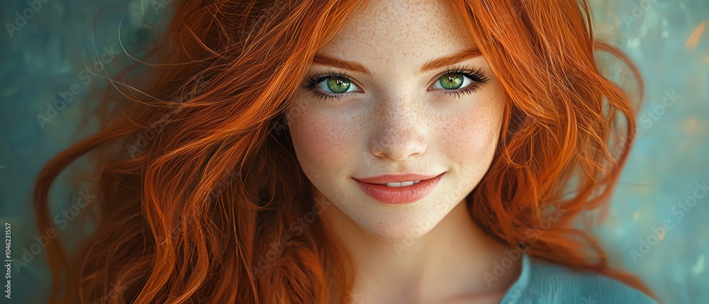 Vivid portrait of a cheerful girl featuring long red hair, sparkling green eyes, and a bright smile in a cozy blue shirt Vivid portrait of a cheerful girl featuring long red hair, sparkling green eyes, and a bright smile in a cozy blue shirt