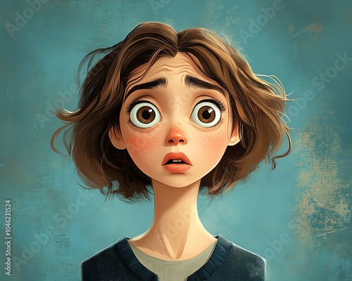 Vivid cartoon image of a worried woman with big eyes, pouting in sadness, effectively showcasing her emotions in a playful style photo