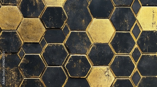 Black background with a luxurious golden geometric hexagon pattern, perfect for an elegant and modern wallpaper design.