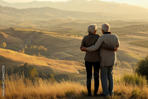 Older couple embrace on hill, overlooking valley.