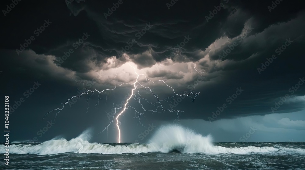 Dramatic lightning and waves during a storm on the ocean, dark clouds overhead. Dramatic lightning and waves during a storm on the ocean, dark clouds overhead.