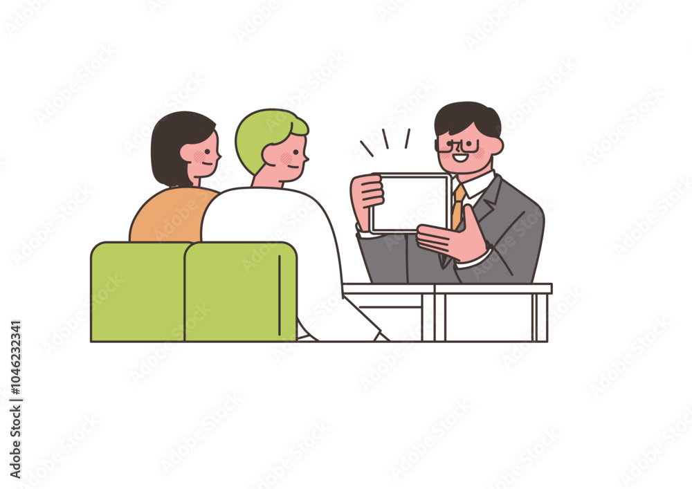 Φωτογραφία お客の夫婦に説明をしている担当者のイラスト