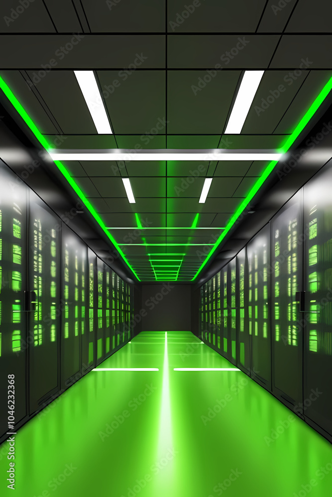 data center room with green lights and data center centered on image background with more data center in the background with slight blur of power around the central data center realistic data center room with green lights and data center centered on image background with more data center in the background with slight blur of power around the central data center realistic
