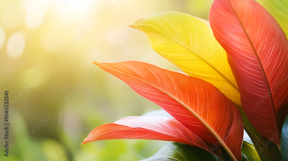 Vibrant tropical leaves in shades of red, yellow, and green create stunning botanical display, capturing essence of natures beauty and warmth Vibrant tropical leaves in shades of red, yellow, and green create stunning botanical display, capturing essence of natures beauty and warmth