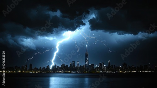 Dramatic lightning striking over a city skyline at night with stormy clouds.