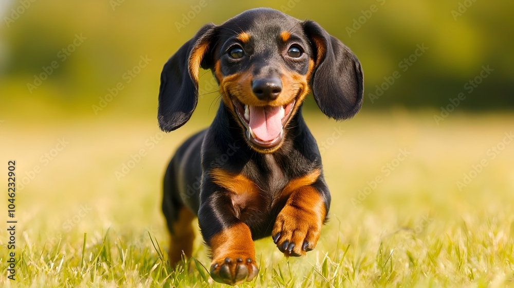 Dachshund Puppy Sprinting Joyfully Across Sunlit Grassy Field Dachshund Puppy Sprinting Joyfully Across Sunlit Grassy Field