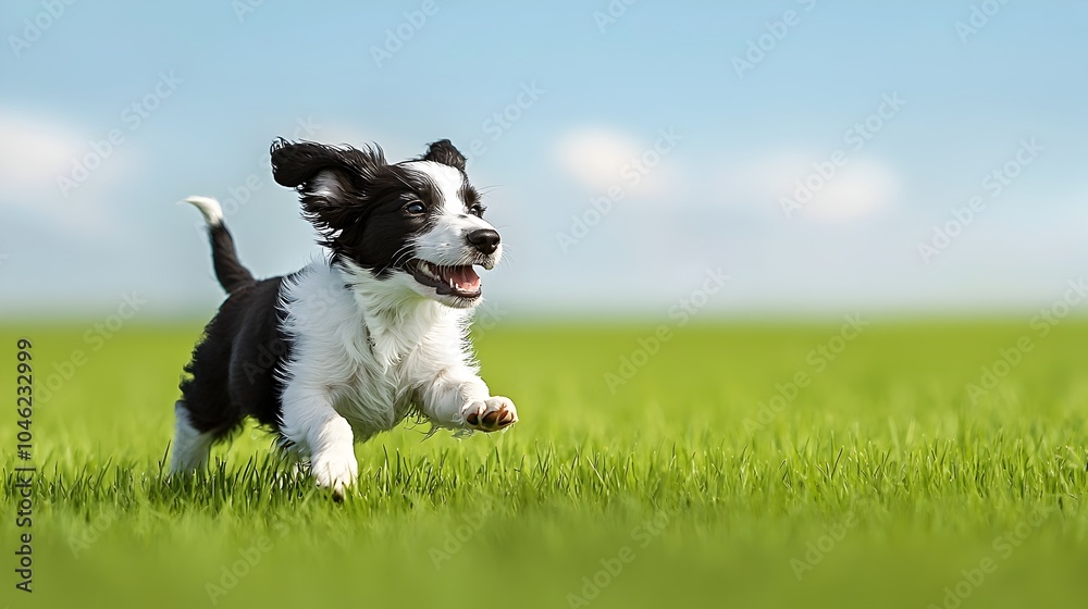 Cheerful Border Collie Puppy Bounding Across Open Field with Blowing Wind and Clouds Cheerful Border Collie Puppy Bounding Across Open Field with Blowing Wind and Clouds