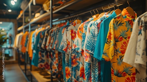 Colorful Hawaiian shirts hanging on a rack in a clothing store.