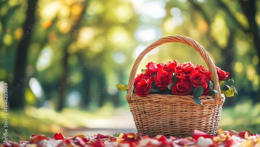A basket of red roses on the table valentine's day background