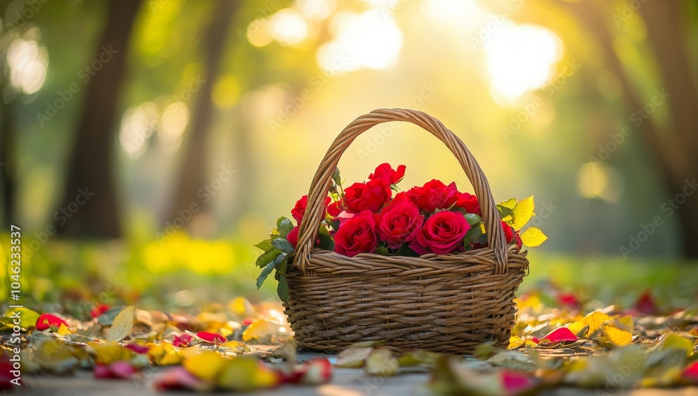 A basket of red roses on the table valentine's day background
