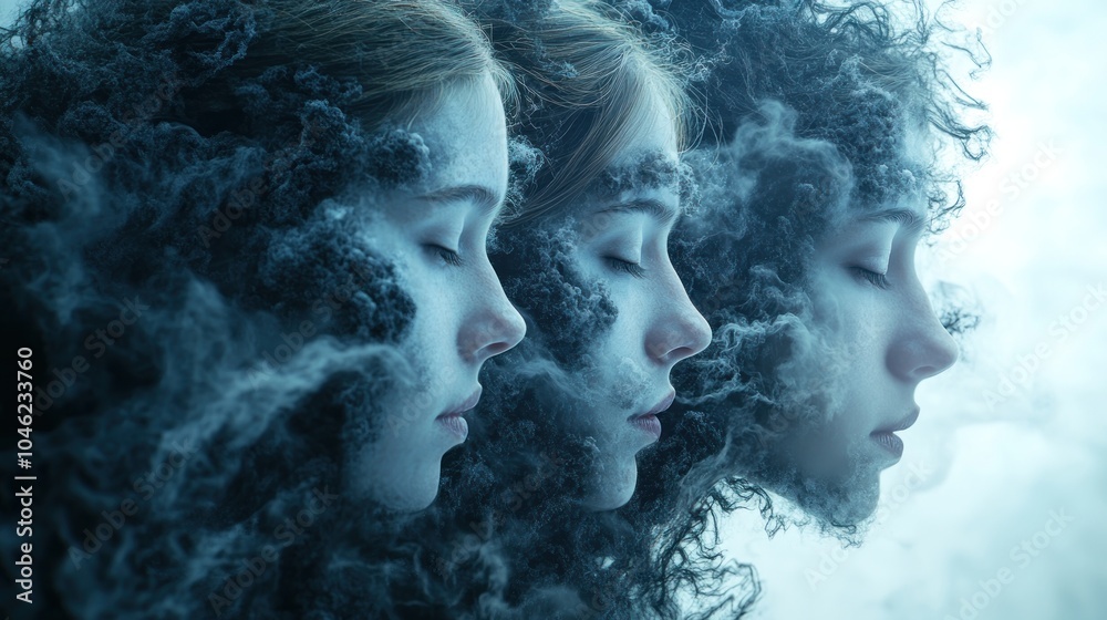 Ethereal depiction of three serene faces with smoky textures. Ethereal depiction of three serene faces with smoky textures.