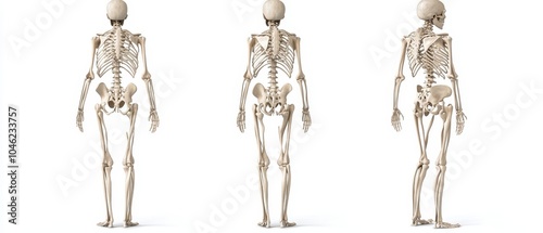 Design a full-body human skeleton on a clean white background, with detailed anatomical accuracy, making it an ideal visual for educational or medical purposes.  photo