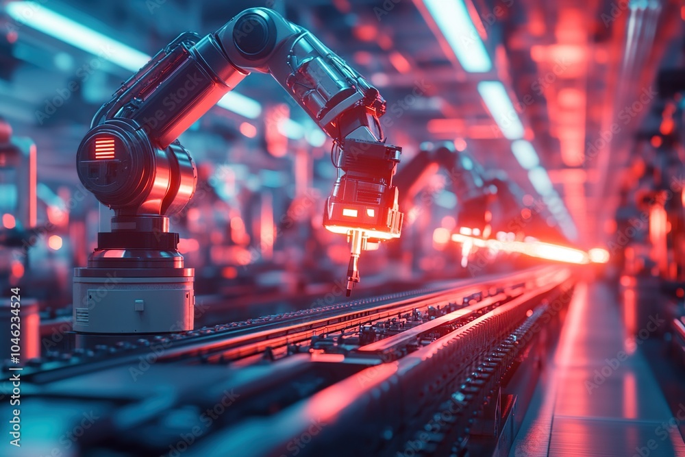 Robot Arm Assembling on a Conveyor Belt in a Factory