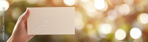 Closeup of hand holding a blank gift certificate with subtle bokeh background, emphasizing minimalism and simplicity gift certificate, hand, minimalist design