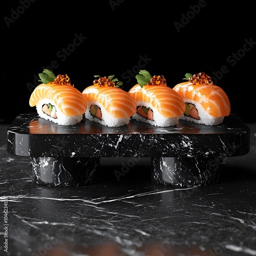 A beautifully arranged platter of four pieces of sushi featuring vibrant salmon slices, adorned with delicate roe and garnished with green leaves, presented on a sleek black marble stand.