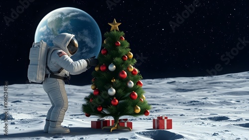 Astronaut hanging ornaments on moon Christmas tree photo