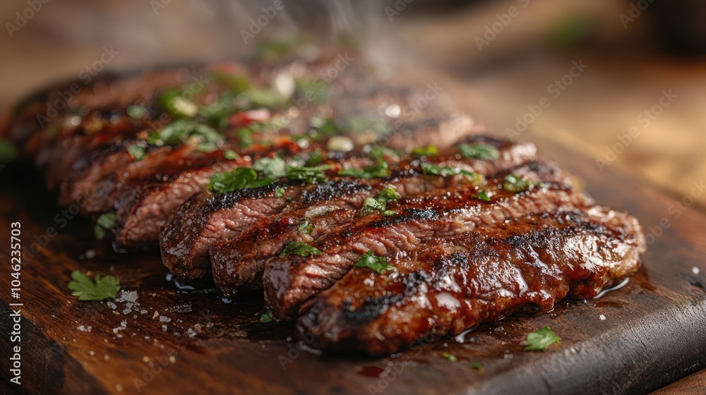 A sizzling steak with seasoning on top, served next to a selection of vegetables. A sizzling steak with seasoning on top, served next to a selection of vegetables.