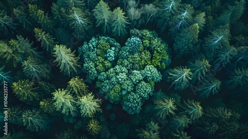 An aerial view of a forest with trees forming a heart shape in the center.