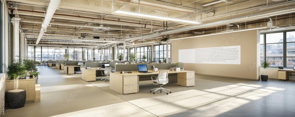 Modern office space with workstations, large windows, and plants for a collaborative environment. Modern office space with workstations, large windows, and plants for a collaborative environment.