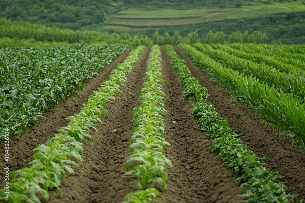 Serene Rows of Crops in a Lush Farmland Serene Rows of Crops in a Lush Farmland