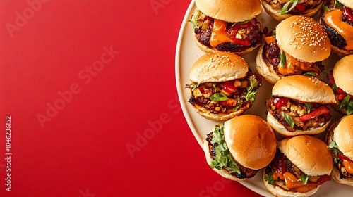 Close-up of Delicious Mini Burgers on a White Plate with Red Background