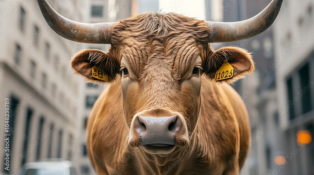 Naklejka premium Cow in Urban Environment with Cityscape Background