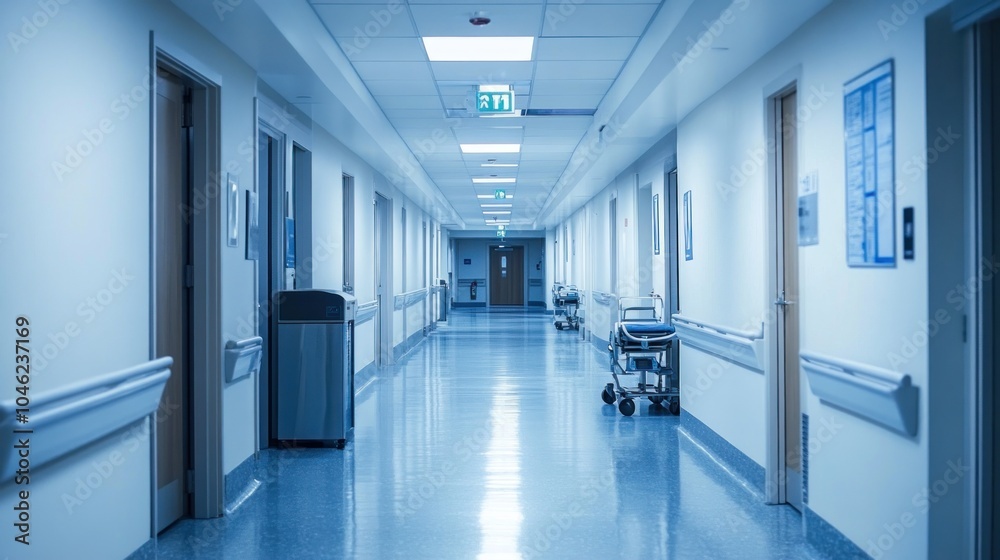 A hospital corridor with blueish lighting, handrails on walls, closed doors on either side, and medical equipment on wheels positioned near one wall. A hospital corridor with blueish lighting, handrails on walls, closed doors on either side, and medical equipment on wheels positioned near one wall.