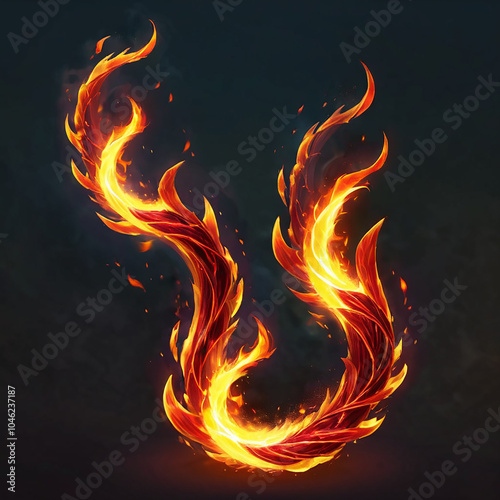 A vivid illustration of a fiery Sshape made of burning flames on a dark background. The flames are orange and yellow, with a textured, almost wooden appearance. photo