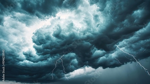 Dramatic storm clouds and lightning illuminate the dark sky. photo