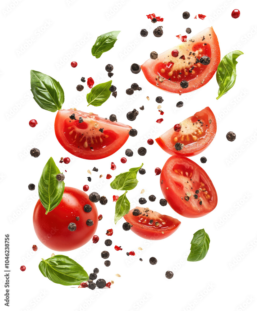 whole and sliced tomatoes, basil leaves and black and green pepper on transparent background whole and sliced tomatoes, basil leaves and black and green pepper on transparent background