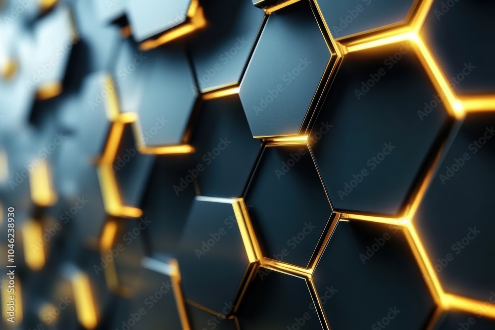 Hexagonal Metallic Honeycomb Pattern with Golden Highlights Hexagonal Metallic Honeycomb Pattern with Golden Highlights
