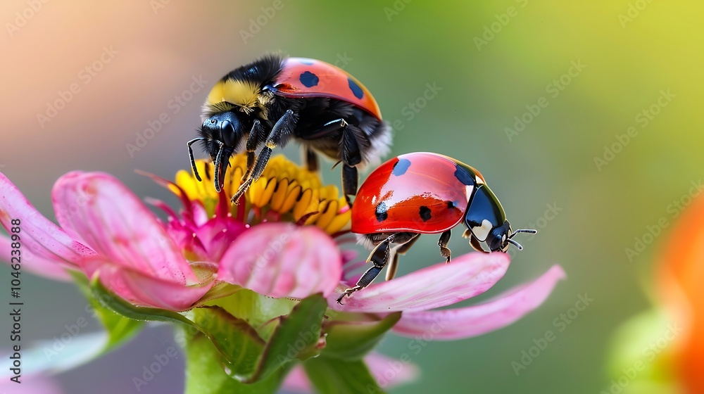 Fototapeta premium A bumblebee and a ladybug on a flower