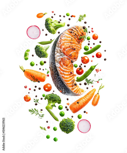 Roasted salmon steak with asparagos broccoli carrot tomatoes radish green beans on transparent background photo