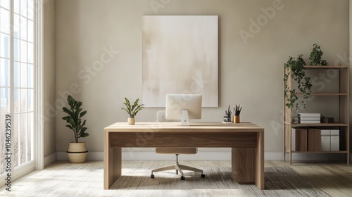 A bright minimalist office with a large wooden desk, no extra decor, and a single piece of modern art on the wall, emphasizing simplicity