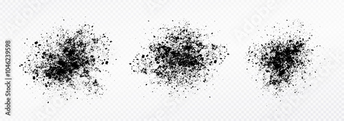 Black pile of coal dust isolated on transparent background. Texture grunge dust with round spray effect. Grunge vector spots textured